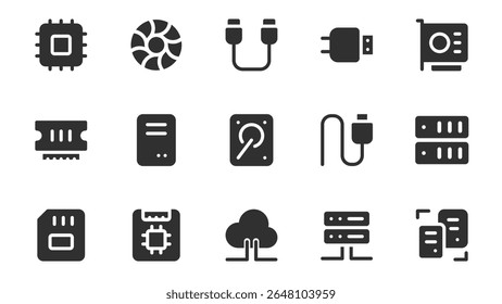 Hardware components glyph icons pack for web design. Solid icon set with circuit, microchip, memory card, usb cable, motherboard, processor, server, computer and more pictograms. Vector illustration.
