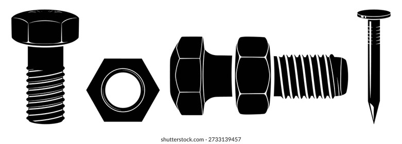 Hardware components illustration collection isolated on transparent background detailed silhouettes construction and engineering supplies vector artwork.