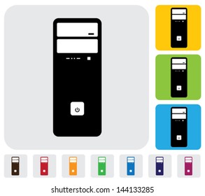 Hardware CPU or Desktop or workstation- simple vector graphic. The illustration has simple colorful icons on green,orange & blue backgrounds & is useful for websites,blogs,documents,printing,etc