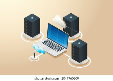 Hardware developer Collect data to save digital data. database concept data analytics, dashboards, and Internet data center Connections. isometric vectror illustration.