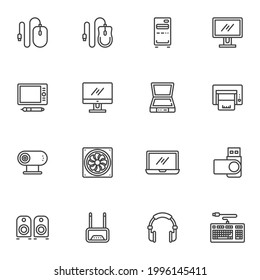 Markierungssymbole für Hardware und Geräte, Vektorsymbol-Kollektion, Piktogramm-Paket mit linearem Stil. Zeichen, Logo-Illustration. Dazu gehören Symbole wie PC-Computer, Laptop, Computertastatur, Monitor