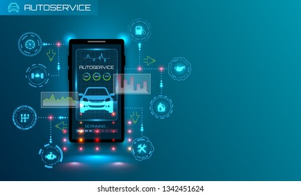 Hardware Diagnostics Condition of Car, Scanning, Test, Monitoring, Analysis, Verification. HUD UI - Illustration Vector