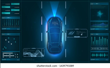 Estado de diagnóstico de hardware de camión, análisis, pruebas, supervisión y análisis. Servicio de Camión al estilo HUD. Interfaz gráfica virtual GUI, UI, autoescaneo HUD, análisis y diagnósticos. Vector