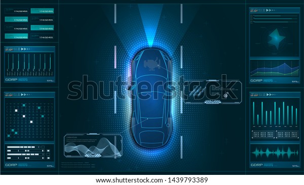 Hardware diagnostics condition of car, scanning,\
test, monitoring, analysis. Car service in the style of HUD.\
Virtual graphical interface GUI, UI, HUD Autoscanning, analysis and\
diagnostics. Vector