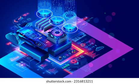 Hardware electronic development concept. Electronic circuit board or motherboard with CPU chip or processor, memory board, GPU, coolers, over computer parts. Upgrade, repair of electronic devices.