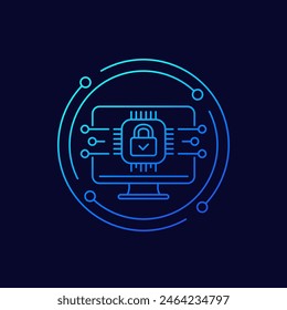 Hardware encryption icon with a computer, linear design