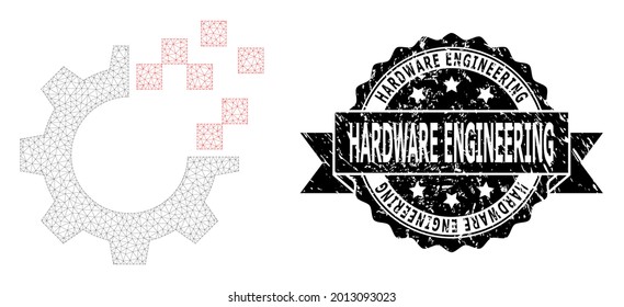 Hardware Engineering Gummidichtung Imitation und Vektorautomatik Reparatur Maschenstruktur. Schwarze Stempeldichtung enthält Hardware Engineering-Beschriftung in Band und Rosette.