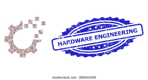 Hardware Engineering unclean stamp and vector fractal collage auto gear repair. Blue stamp seal includes Hardware Engineering tag inside rosette.