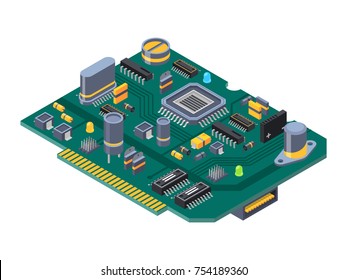 Hardware equipment for computers. Semiconductors, capacitor and chips. Electrical computer semiconductor, component of circuit. Vector illustration