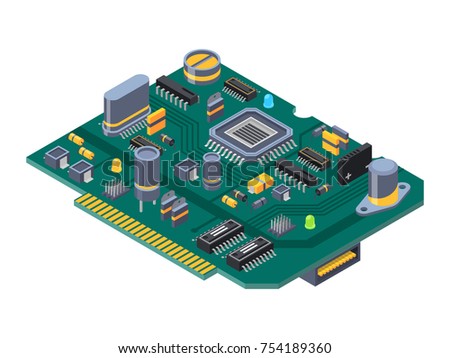 Hardware equipment for computers. Semiconductors, capacitor and chips. Electrical computer semiconductor, component of circuit. Vector illustration