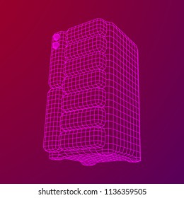 Hardware equipment telecommunication server. Data center storage room object. Computer database tower. Internet industry cluster. Wireframe low poly mesh vector illustration