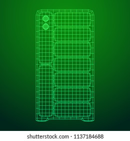 Hardware equipment telecommunication server. Data center storage room object. Computer database tower. Internet industry cluster. Wireframe low poly mesh vector illustration