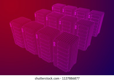 Hardware equipment telecommunication server. Data center storage room object. Computer database tower. Internet industry cluster. Wireframe low poly mesh vector illustration