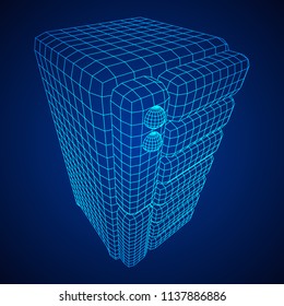 Hardware equipment telecommunication server. Data center storage room object. Computer database tower. Internet industry cluster. Wireframe low poly mesh vector illustration