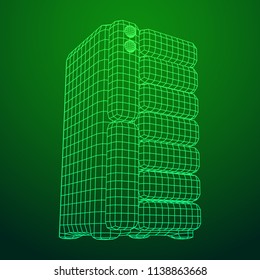 Hardware equipment telecommunication server. Data center storage room object. Computer database tower. Internet industry cluster. Wireframe low poly mesh vector illustration