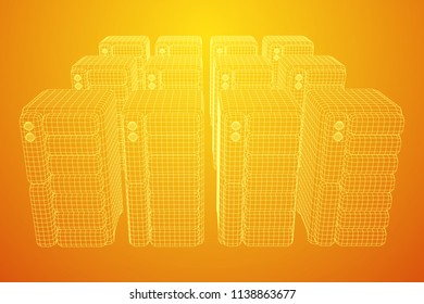 Hardware equipment telecommunication server. Data center storage room object. Computer database tower. Internet industry cluster. Wireframe low poly mesh vector illustration