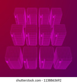 Hardware equipment telecommunication server. Data center storage room object. Computer database tower. Internet industry cluster. Wireframe low poly mesh vector illustration