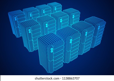 Hardware equipment telecommunication server. Data center storage room object. Computer database tower. Internet industry cluster. Wireframe low poly mesh vector illustration