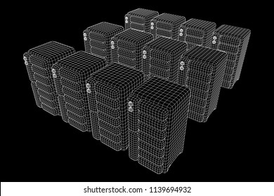 Hardware equipment telecommunication server. Data center storage room object. Computer database tower. Internet industry cluster. Wireframe low poly mesh vector illustration