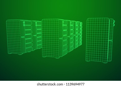 Hardware equipment telecommunication server. Data center storage room object. Computer database tower. Internet industry cluster. Wireframe low poly mesh vector illustration