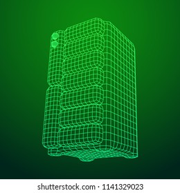 Hardware equipment telecommunication server. Data center storage room object. Computer database tower. Internet industry cluster. Wireframe low poly mesh vector illustration