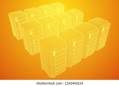Hardware equipment telecommunication server. Data center storage room object. Computer database tower. Internet industry cluster. Wireframe low poly mesh vector illustration