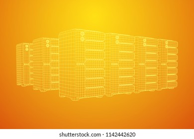 Hardware equipment telecommunication server. Data center storage room object. Computer database tower. Internet industry cluster. Wireframe low poly mesh vector illustration