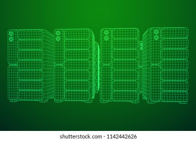 Hardware equipment telecommunication server. Data center storage room object. Computer database tower. Internet industry cluster. Wireframe low poly mesh vector illustration