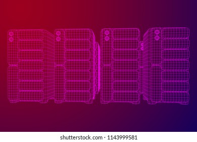 Hardware equipment telecommunication server. Data center storage room object. Computer database tower. Internet industry cluster. Wireframe low poly mesh vector illustration