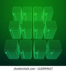Hardware equipment telecommunication server. Data center storage room object. Computer database tower. Internet industry cluster. Wireframe low poly mesh vector illustration