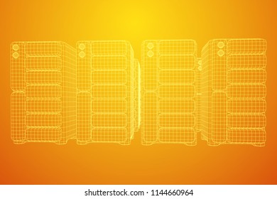 Hardware equipment telecommunication server. Data center storage room object. Computer database tower. Internet industry cluster. Wireframe low poly mesh vector illustration