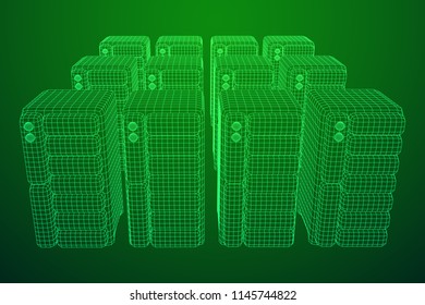 Hardware equipment telecommunication server. Data center storage room object. Computer database tower. Internet industry cluster. Wireframe low poly mesh vector illustration