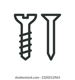 Hardware and fasteners isolated icon, screw and nail vector icon with editable stroke