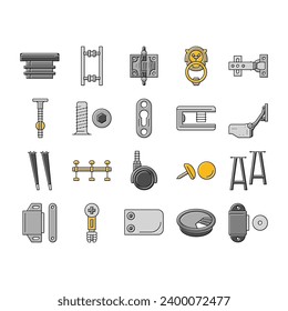 hardware furniture detail fitting icons set vector. equipment construction, metal steel, tool object, home element, metallic door, screw hardware furniture detail fitting color line illustrations