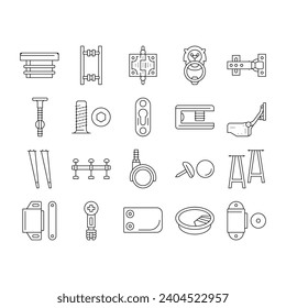 hardware furniture detail fitting icons set vector. equipment construction, metal steel, tool object, home element, metallic door, screw hardware furniture detail fitting black contour illustrations