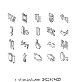hardware furniture detail fitting isometric icons set. equipment construction, metal steel, tool object, home element, metallic door, screw hardware furniture detail fitting color line
