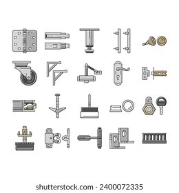 hardware furniture equipment icons set vector. metal construction, steel element, silver tool, screw bolt, wood home, house repair hardware furniture equipment color line illustrations