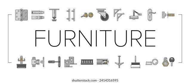 hardware furniture equipment icons set vector. metal construction, steel element, silver tool, screw bolt, wood home, house repair hardware furniture equipment color line illustrations