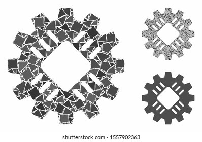 Hardware gear mosaic of rugged elements in various sizes and color hues, based on hardware gear icon. Vector unequal elements are grouped into mosaic. Hardware gear icons collage with dotted pattern.