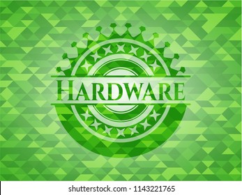 Hardware green emblem. Mosaic background