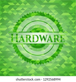 Hardware green emblem. Mosaic background
