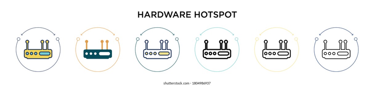 Icono de hotspot de hardware con estilo relleno, delgado, contorno y trazo. Ilustración vectorial de dos iconos vectoriales de hardware de color y negro se pueden utilizar para móviles, ui, web