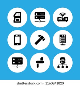 hardware icon. 9 hardware set with router, memory card, server and blade vector icons for web and mobile app
