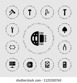 Hardware icon. collection of 13 hardware filled icons such as garden hammer, server, wire, wrench, hummer, hard disc, cpu planet. editable hardware icons for web and mobile.