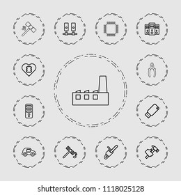 Hardware icon. collection of 13 hardware outline icons such as hammer, cpu, hummer, chain saw, cpu in car, cpu in heart, server. editable hardware icons for web and mobile.