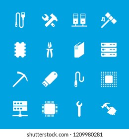 Hardware icon. collection of 16 hardware filled icons such as server, wire, chip, hammer, cpu, pliers, hummer, wrench, flash drive. editable hardware icons for web and mobile.