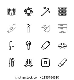 Hardware icon. collection of 16 hardware outline icons such as saw, wrench, cpu, flash drive, server, wire, hammer. editable hardware icons for web and mobile.