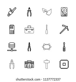 Hardware icon. collection of 16 hardware outline icons such as screwdriver, pliers, chain saw, cpu, server, hammer, hard disc. editable hardware icons for web and mobile.