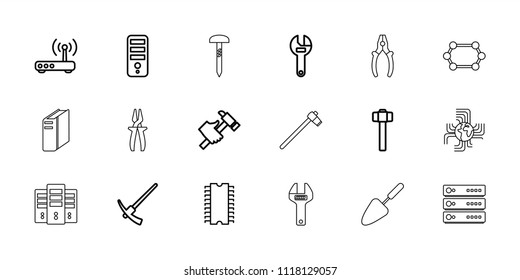 Hardware icon. collection of 18 hardware outline icons such as cpu, wrench, hummer, garden hammer, router, hammer, cpu, nail. editable hardware icons for web and mobile.