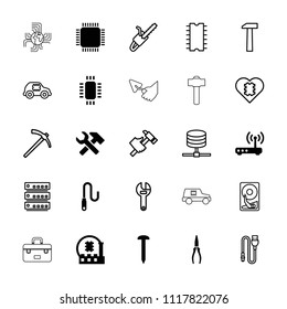 Hardware icon. collection of 25 hardware filled and outline icons such as nail, pliers, wire, router, wrench, hummer, cpu. editable hardware icons for web and mobile.